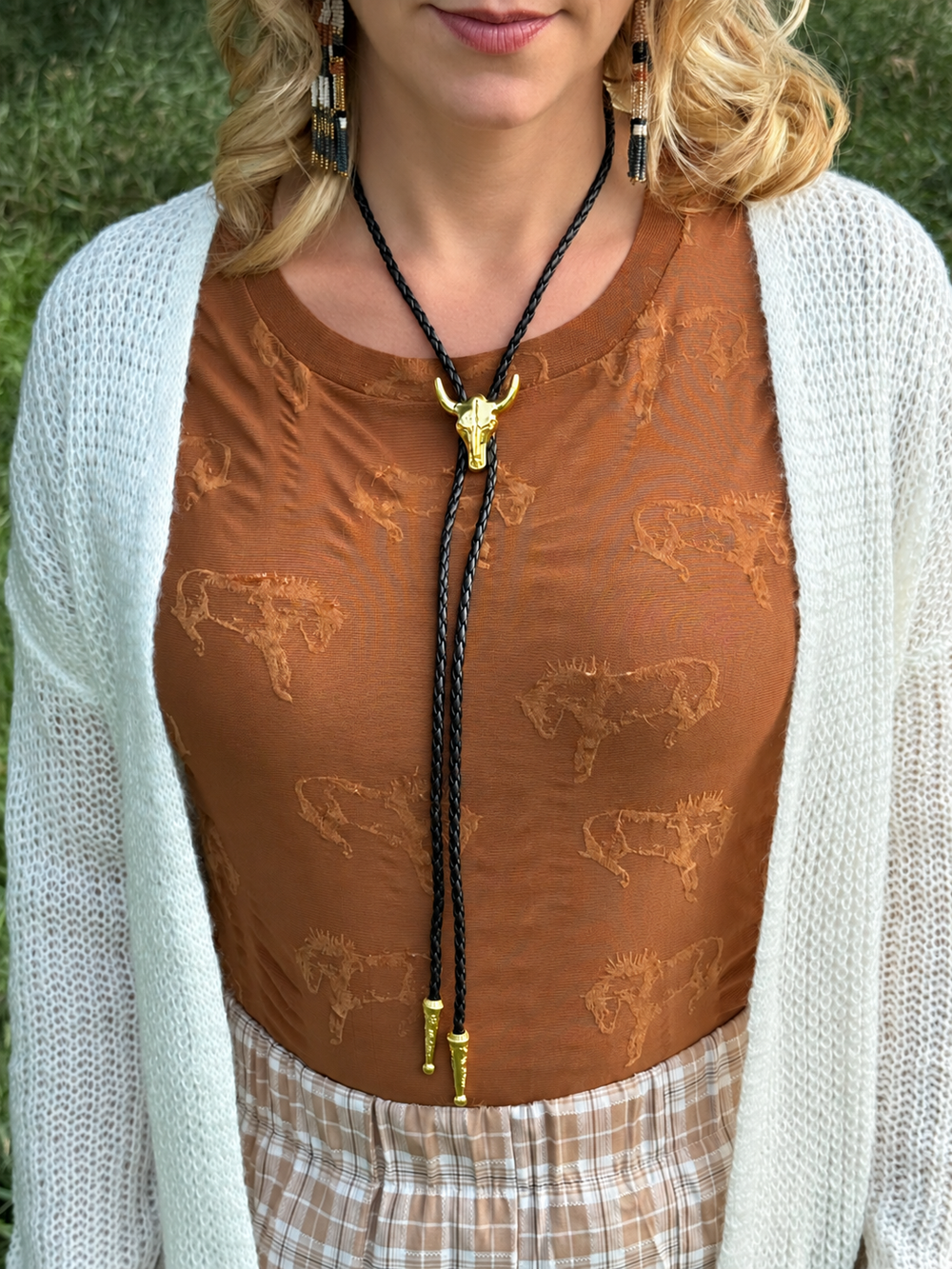 Womens Bull Skull Bolo Tie - Braided Rope