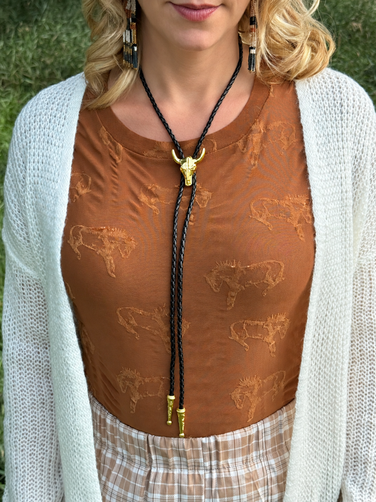Womens Bull Skull Bolo Tie - Braided Rope