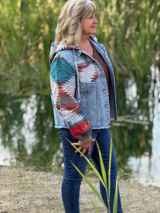 High Plains Hooded Denim Aztec Shacket