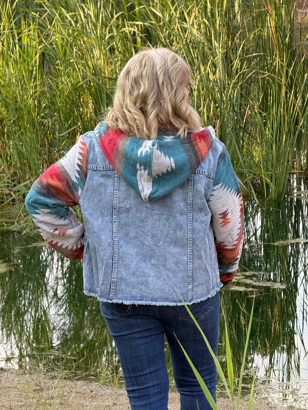 High Plains Hooded Denim Aztec Shacket