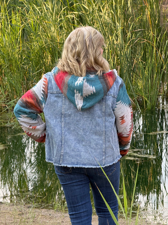 High Plains Hooded Denim Aztec Shacket