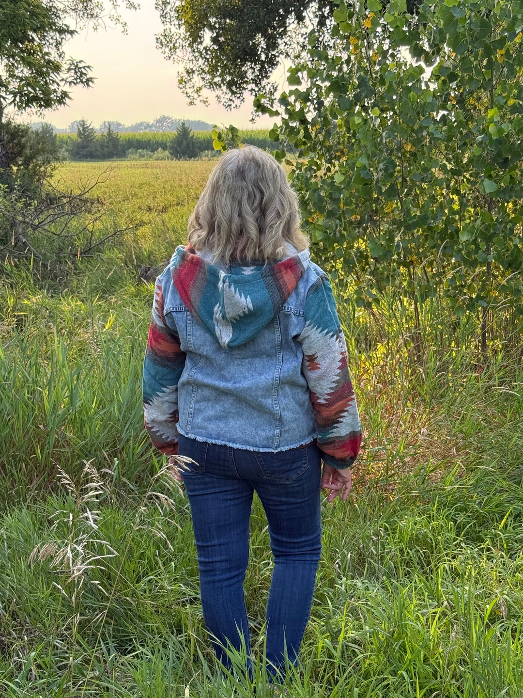 High Plains Hooded Denim Aztec Shacket