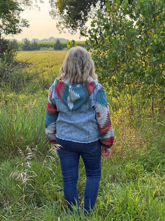 High Plains Hooded Denim Aztec Shacket