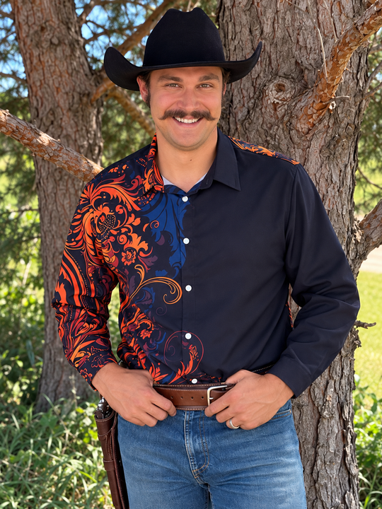 High-Society Baroque Pattern Silk Longsleeve Button-Up