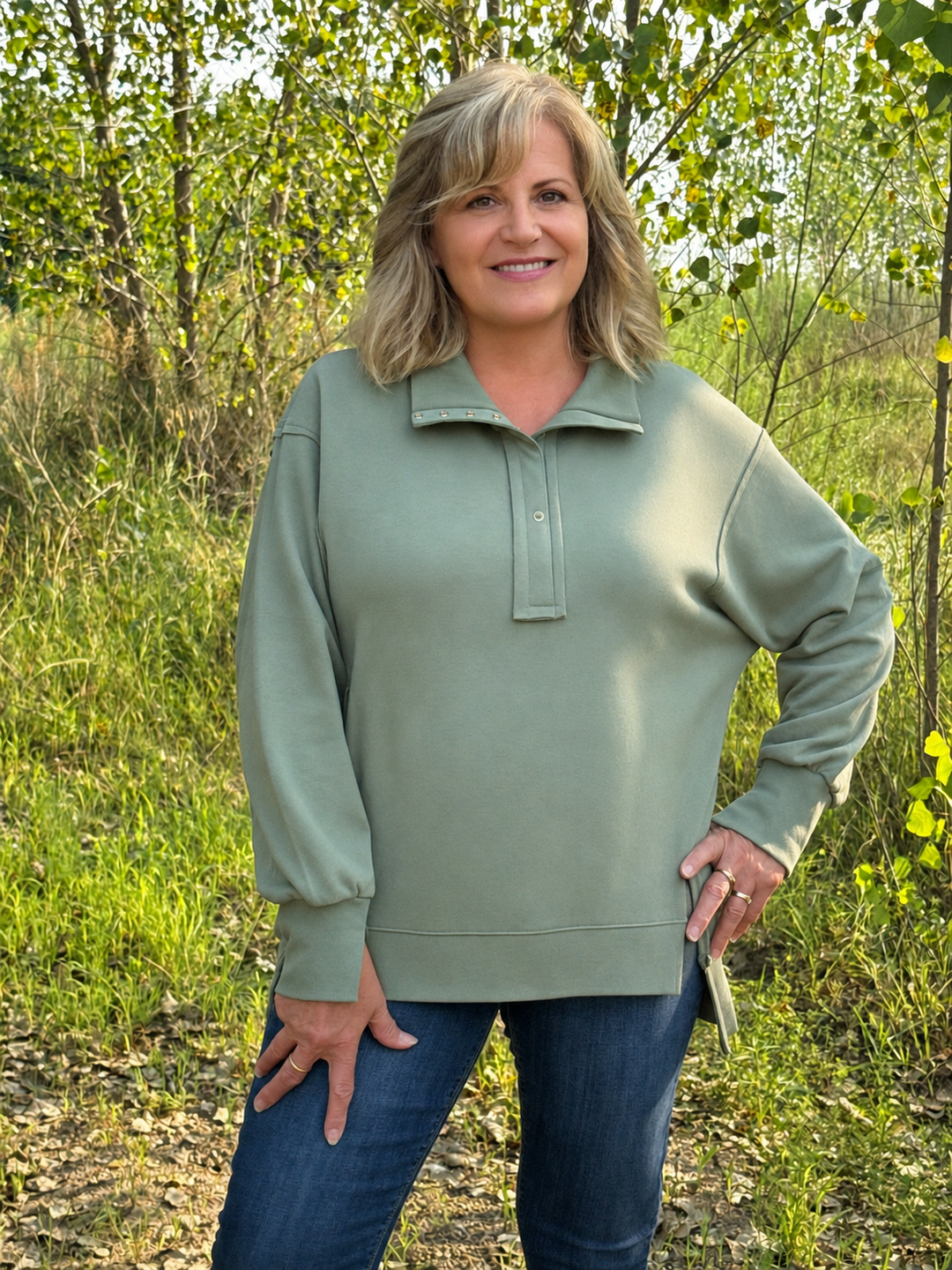 In-the-Raw Quarter-Button Pullover Sweater (Green)