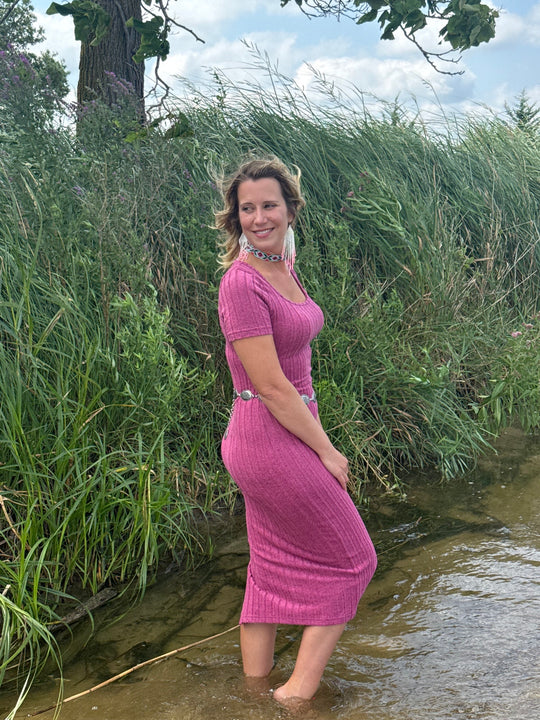 Slim Fit Midi Pencil Dress (Pink)