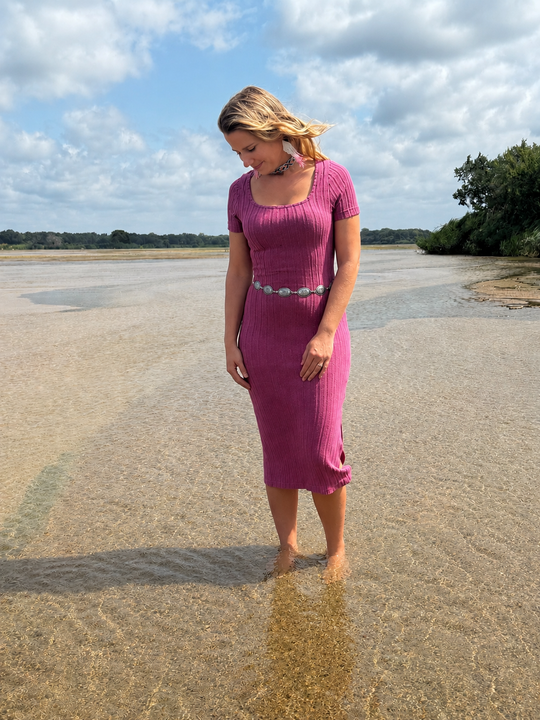 Slim Fit Midi Pencil Dress (Pink)