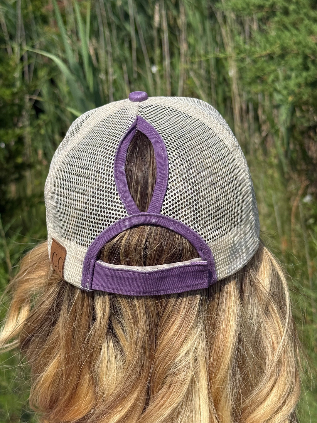 Womens Ponytail Ball Cap - Aztec Pattern (Purple &amp; Beige)