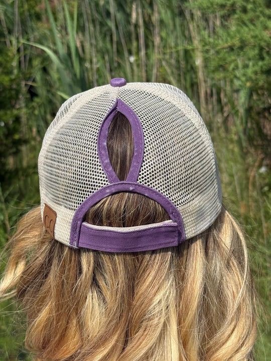 Womens Ponytail Ball Cap - Aztec Pattern (Purple &amp; Beige)