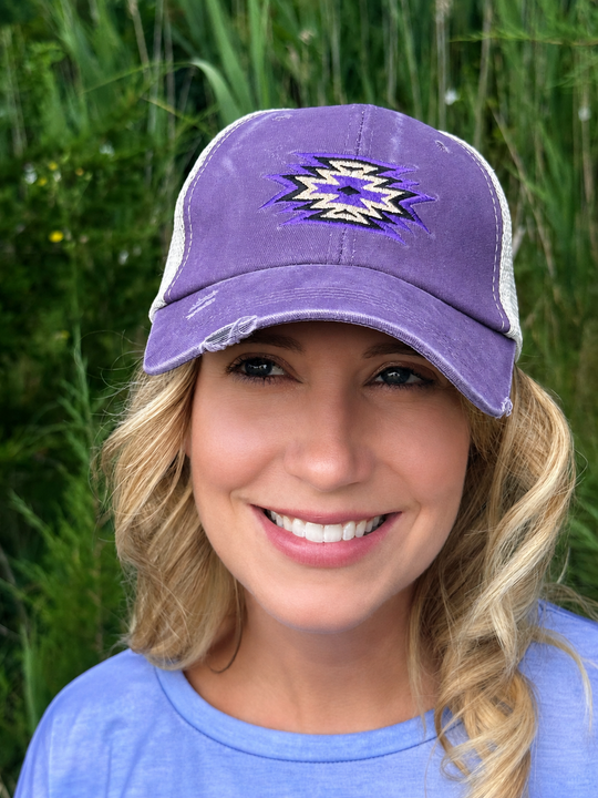 Womens Ponytail Ball Cap - Aztec Pattern (Purple &amp; Beige)