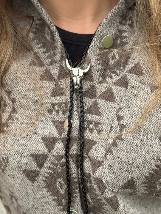 Womens Bull Skull Bolo Tie - Braided Rope