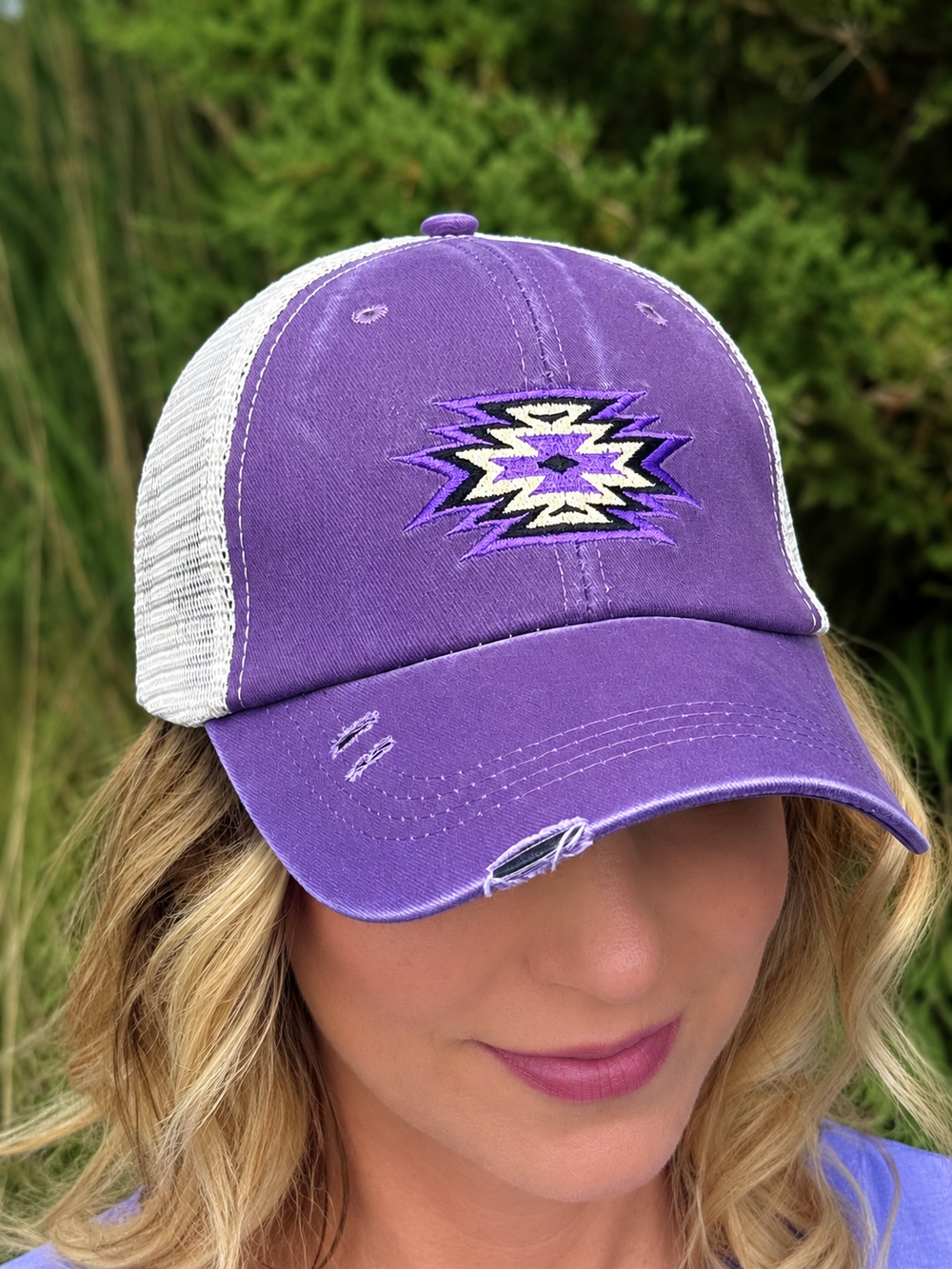 Womens Ponytail Ball Cap - Aztec Pattern (Purple & Beige)